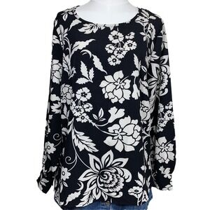 d&co Signature Floral Long Sleeve Blouse Black White Size L Stretch Pullover Top